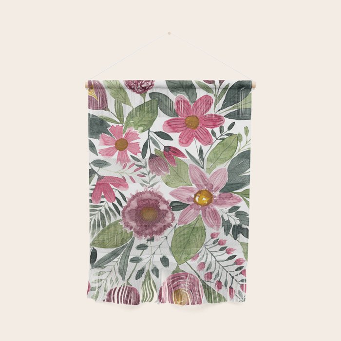 Mauve Pink Forest Green Watercolor Flowers Leaves Wall Hanging Gallery Image 1