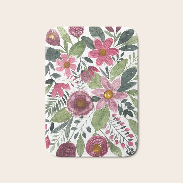 Mauve Pink Forest Green Watercolor Flowers Leaves Bath Mat Gallery Image 1