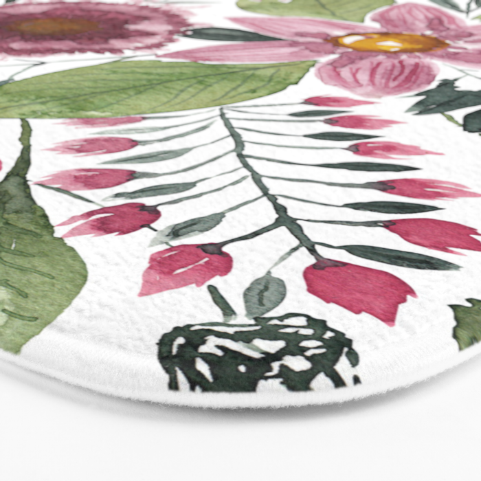 Mauve Pink Forest Green Watercolor Flowers Leaves Bath Mat Gallery Image 3