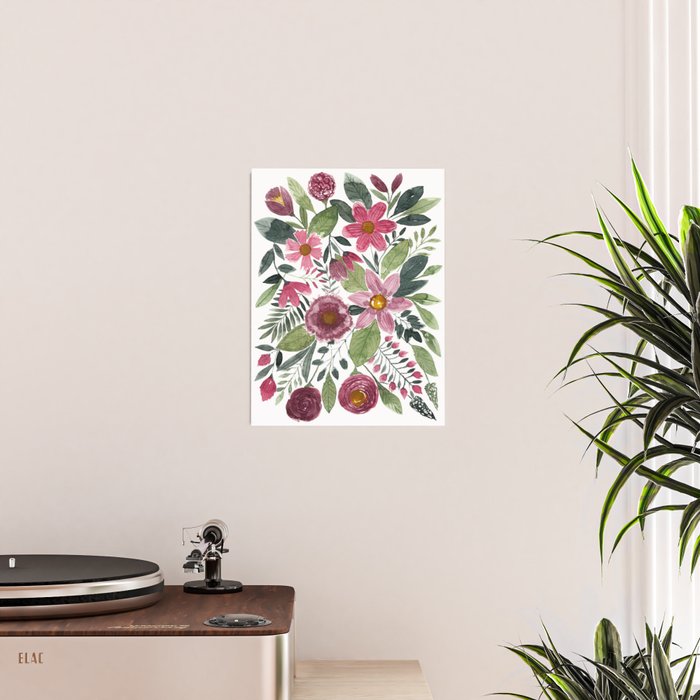 Mauve Pink Forest Green Watercolor Flowers Leaves Poster Gallery Image 2