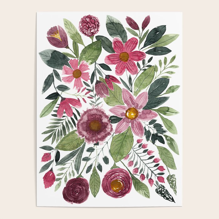 Mauve Pink Forest Green Watercolor Flowers Leaves Poster Gallery Image 4
