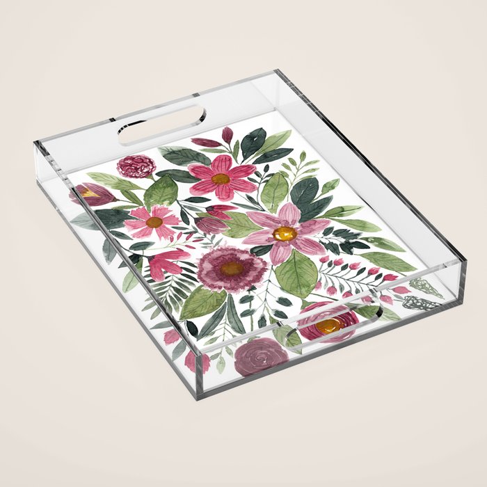 Mauve Pink Forest Green Watercolor Flowers Leaves Acrylic Tray Gallery Image 1