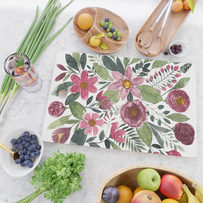 Mauve Pink Forest Green Watercolor Flowers Leaves Cutting Board Gallery Image 2