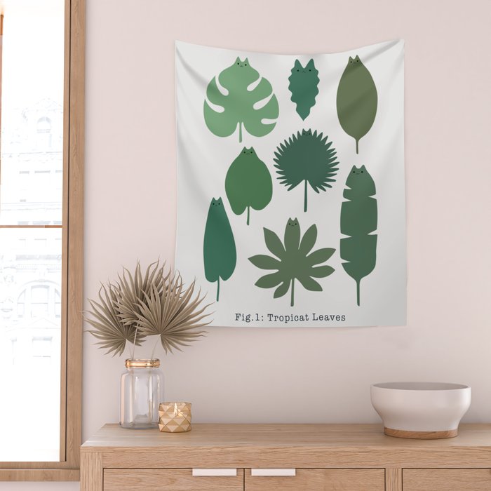Cat and Plant 39: Tropicat Leaves Wall Tapestry Gallery Image 2
