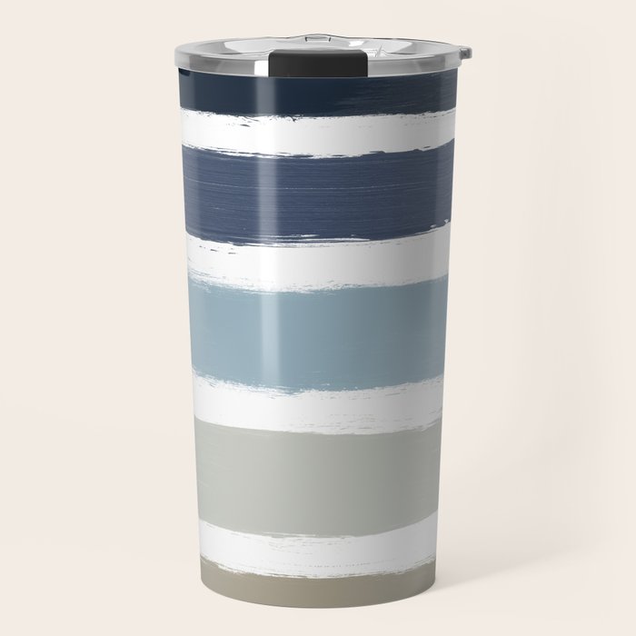 Blue & Taupe Stripes Travel Mug Gallery Image 1