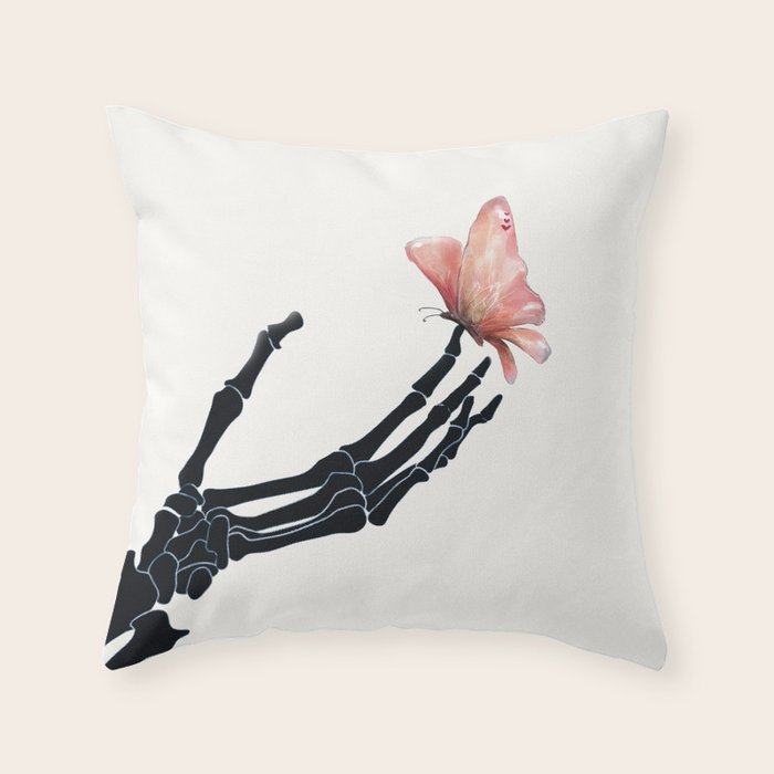 Butterfly on Skeleton Hand Throw Pillow Gallery Image 1