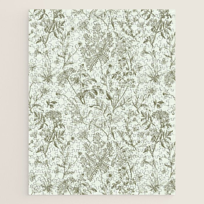 Meadow Floral Herbarium Cottagecore  Botanical Monochromatic Pattern - Pistachio Green  Jigsaw Puzzle Gallery Image 1