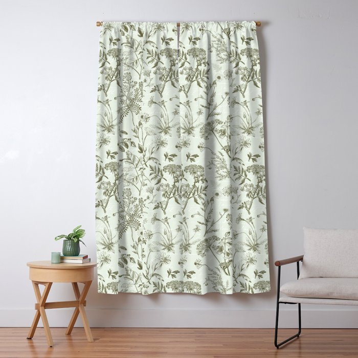Meadow Floral Herbarium Cottagecore  Botanical Monochromatic Pattern - Pistachio Green  Window Curtain
