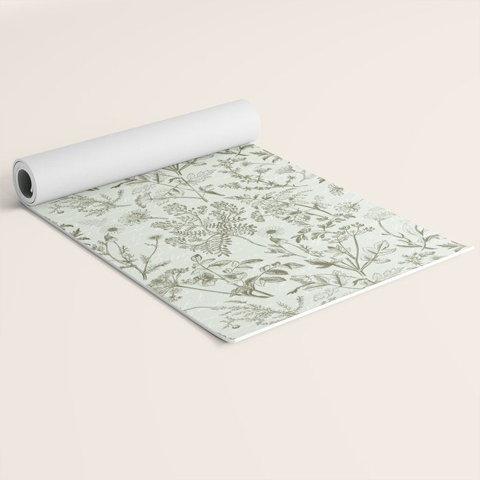 Meadow Floral Herbarium Cottagecore  Botanical Monochromatic Pattern - Pistachio Green  Yoga Mat Gallery Image 2