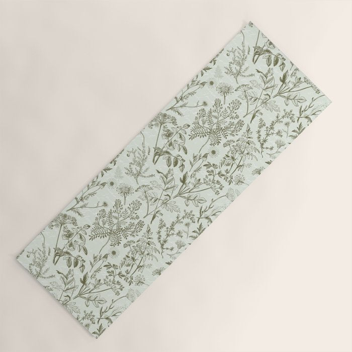 Meadow Floral Herbarium Cottagecore  Botanical Monochromatic Pattern - Pistachio Green  Yoga Mat Gallery Image 1