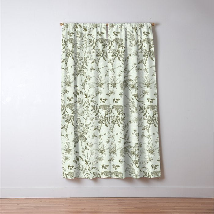 Meadow Floral Herbarium Cottagecore  Botanical Monochromatic Pattern - Pistachio Green  Window Curtain Gallery Image 3