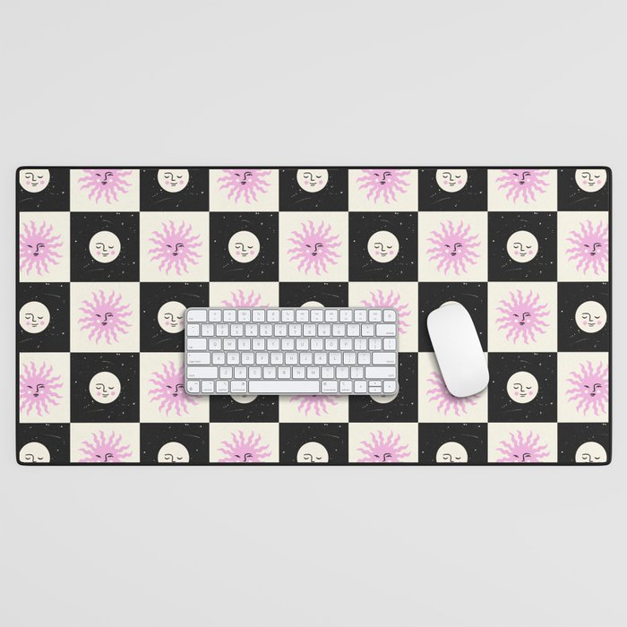 Sun & Moon Checkered Pattern Black & Cream Desk Mat Gallery Image 1