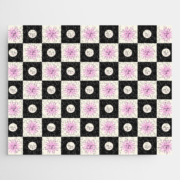 Sun & Moon Checkered Pattern Black & Cream Jigsaw Puzzle Gallery Image 1