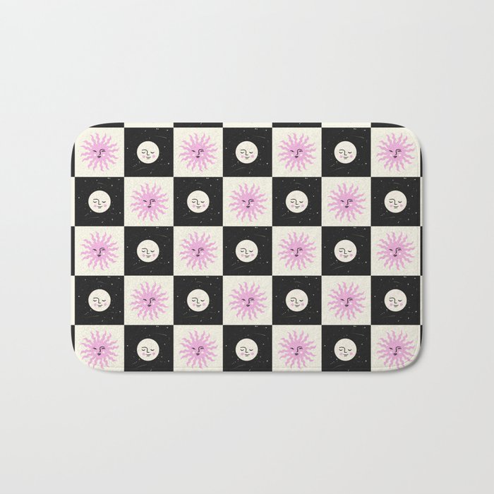 Sun & Moon Checkered Pattern Black & Cream Bath Mat Gallery Image 1