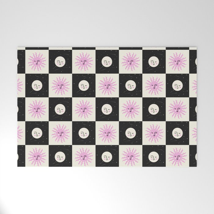 Sun & Moon Checkered Pattern Black & Cream Welcome Mat Gallery Image 1