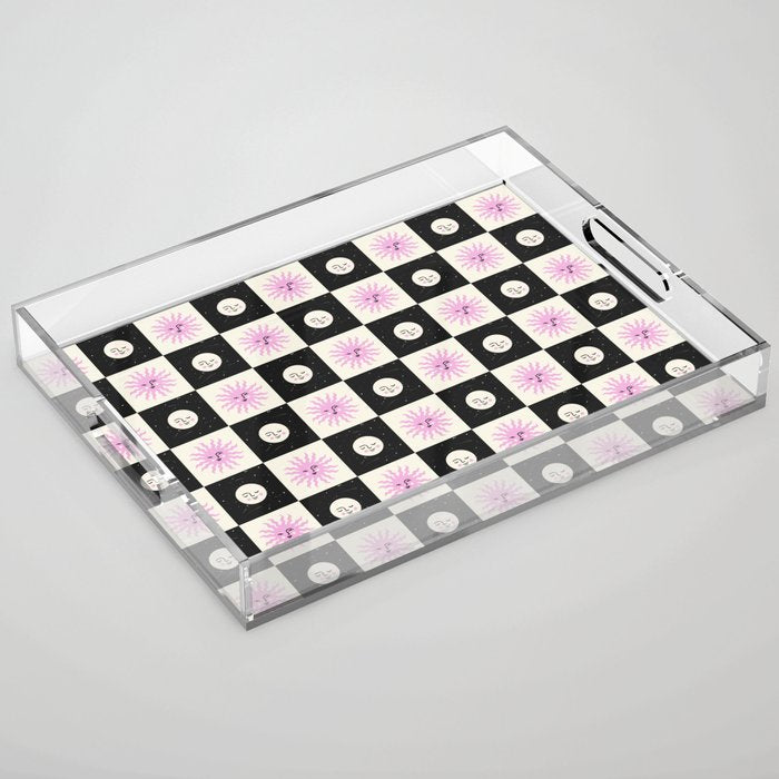 Sun & Moon Checkered Pattern Black & Cream Acrylic Tray Gallery Image 1