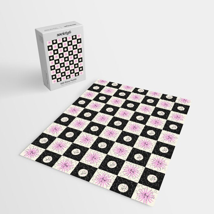 Sun & Moon Checkered Pattern Black & Cream Jigsaw Puzzle Gallery Image 2