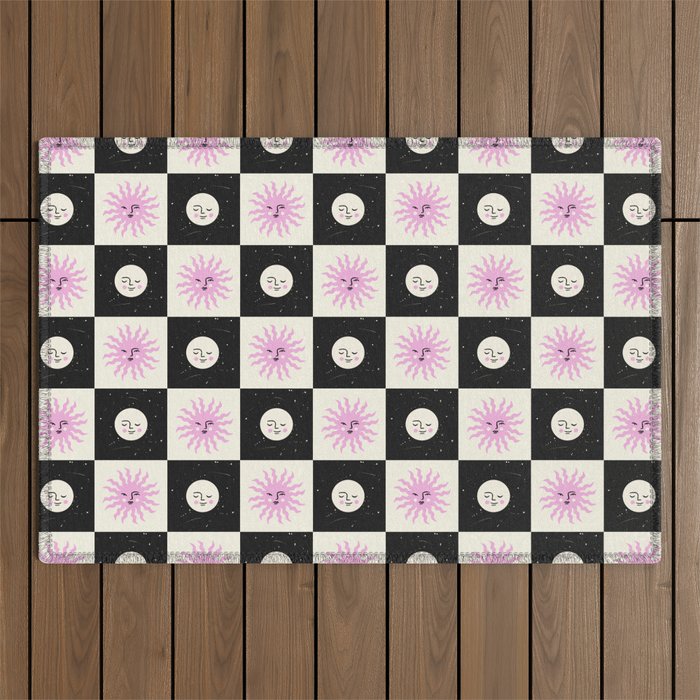 Sun & Moon Checkered Pattern Black & Cream Outdoor Rug Gallery Image 1