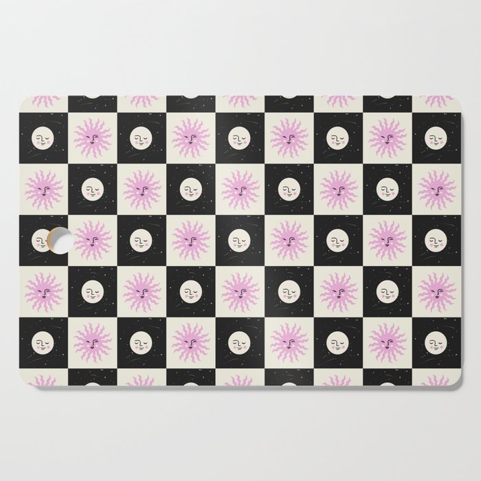 Sun & Moon Checkered Pattern Black & Cream Cutting Board Gallery Image 1