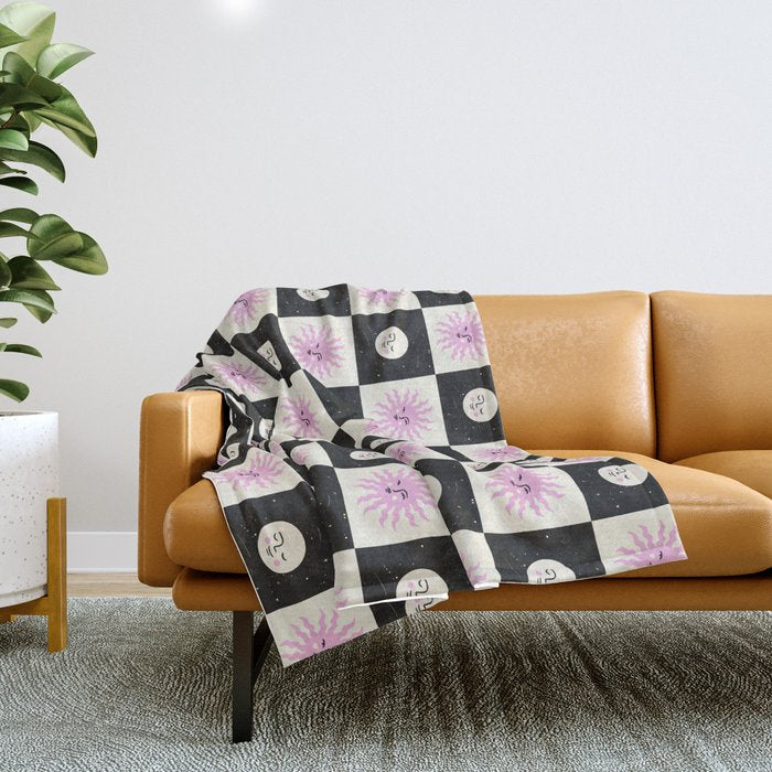 Sun & Moon Checkered Pattern Black & Cream Throw Blanket Gallery Image 1