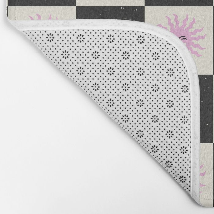 Sun & Moon Checkered Pattern Black & Cream Bath Mat Gallery Image 2