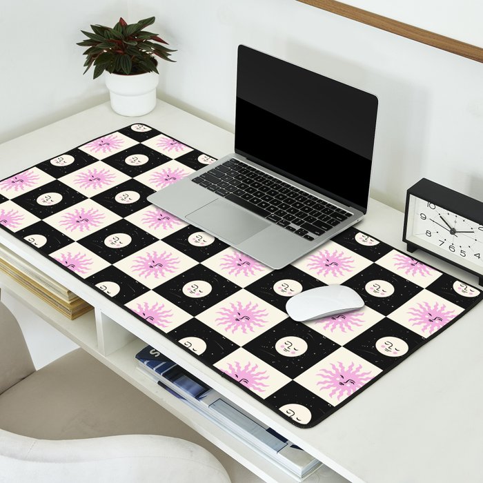 Sun & Moon Checkered Pattern Black & Cream Desk Mat Gallery Image 2
