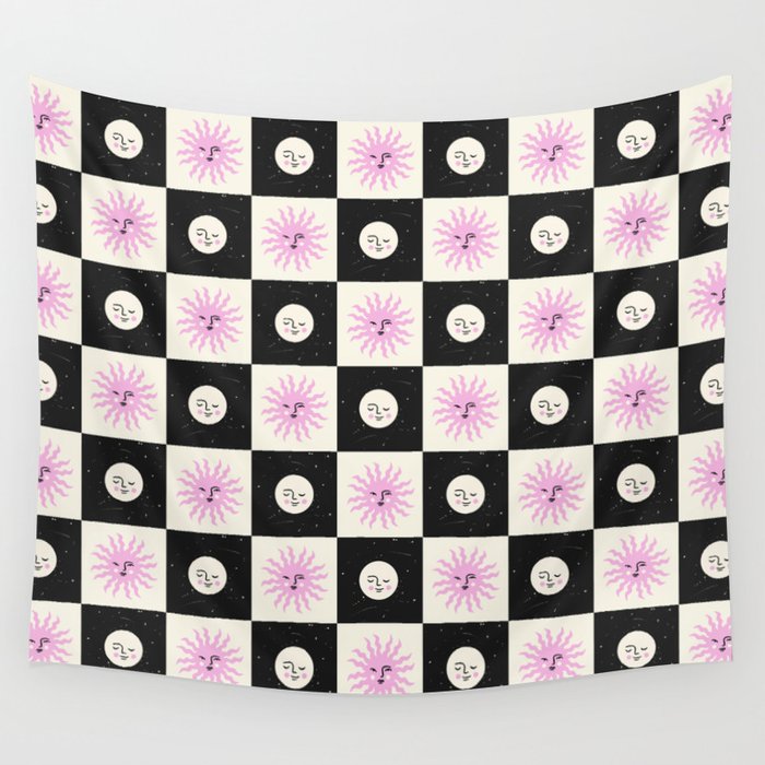 Sun & Moon Checkered Pattern Black & Cream Wall Tapestry Gallery Image 1