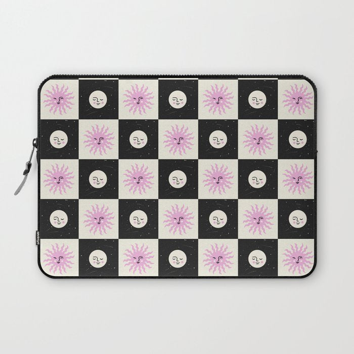 Sun & Moon Checkered Pattern Black & Cream Laptop Sleeve Gallery Image 1