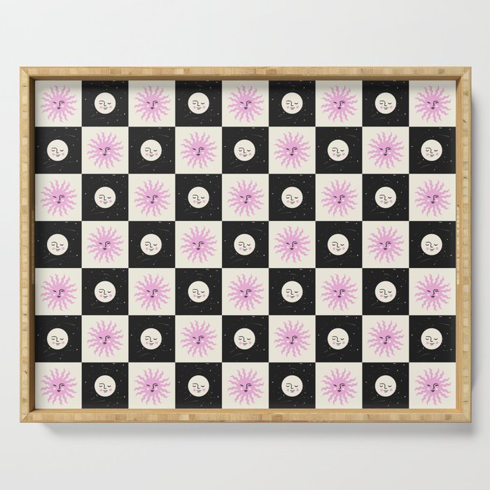 Sun & Moon Checkered Pattern Black & Cream Serving Tray Gallery Image 1
