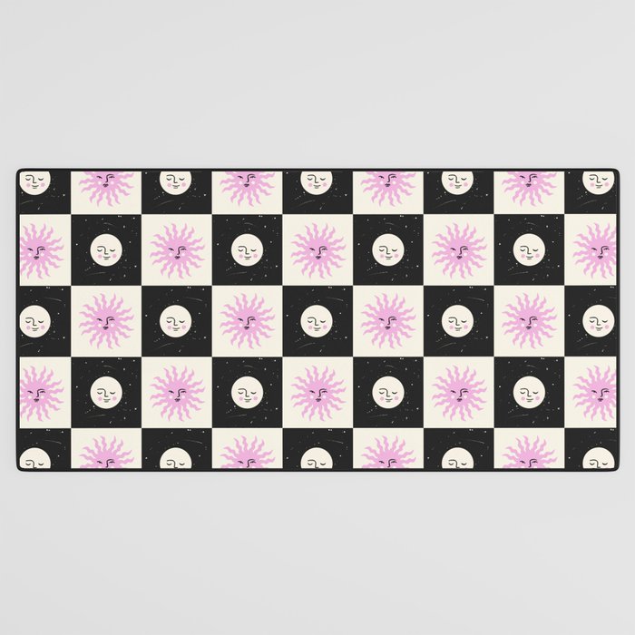 Sun & Moon Checkered Pattern Black & Cream Desk Mat Gallery Image 3