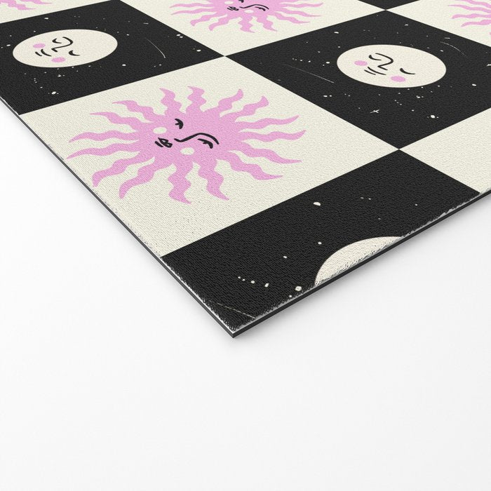 Sun & Moon Checkered Pattern Black & Cream Welcome Mat Gallery Image 2