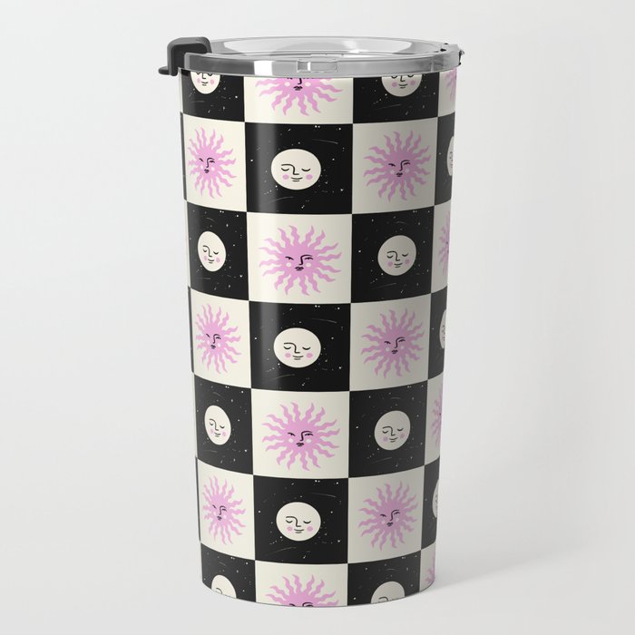 Sun & Moon Checkered Pattern Black & Cream Travel Mug Gallery Image 3
