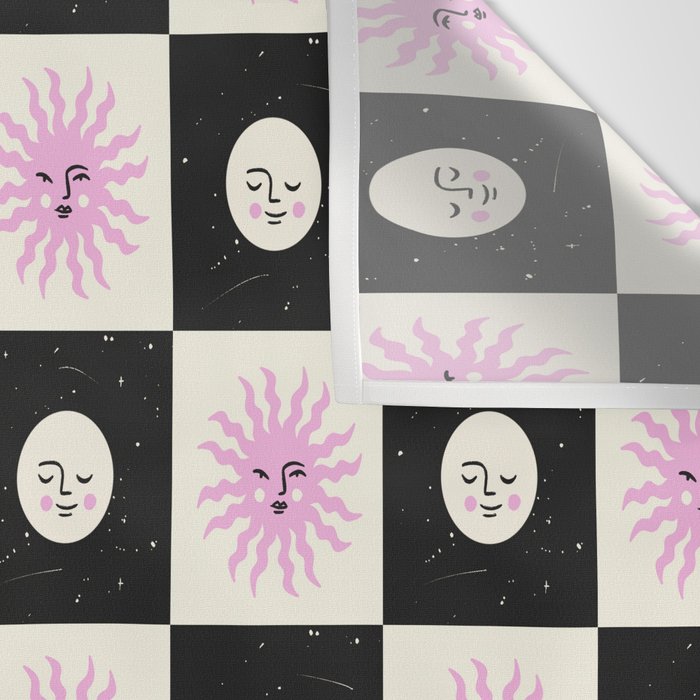 Sun & Moon Checkered Pattern Black & Cream Wall Tapestry Gallery Image 3