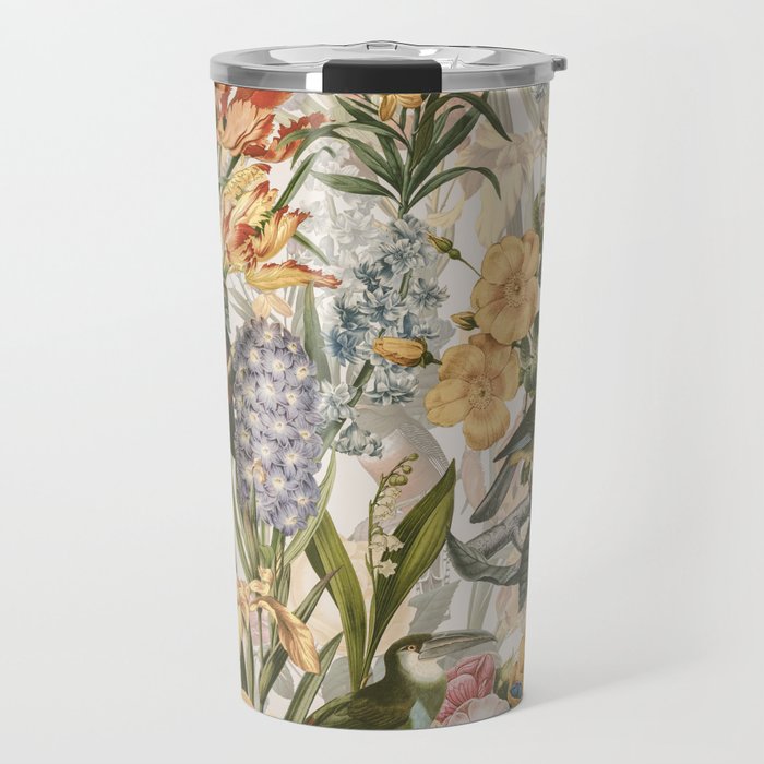 Vintage Tropical Flower And Bird Garden Travel Mug Gallery Image 1