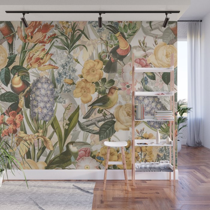 Vintage Tropical Flower And Bird Garden Wall Mural Gallery Image 1