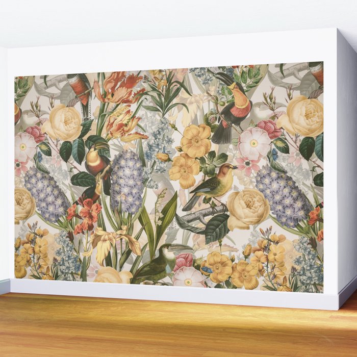 Vintage Tropical Flower And Bird Garden Wall Mural Gallery Image 2