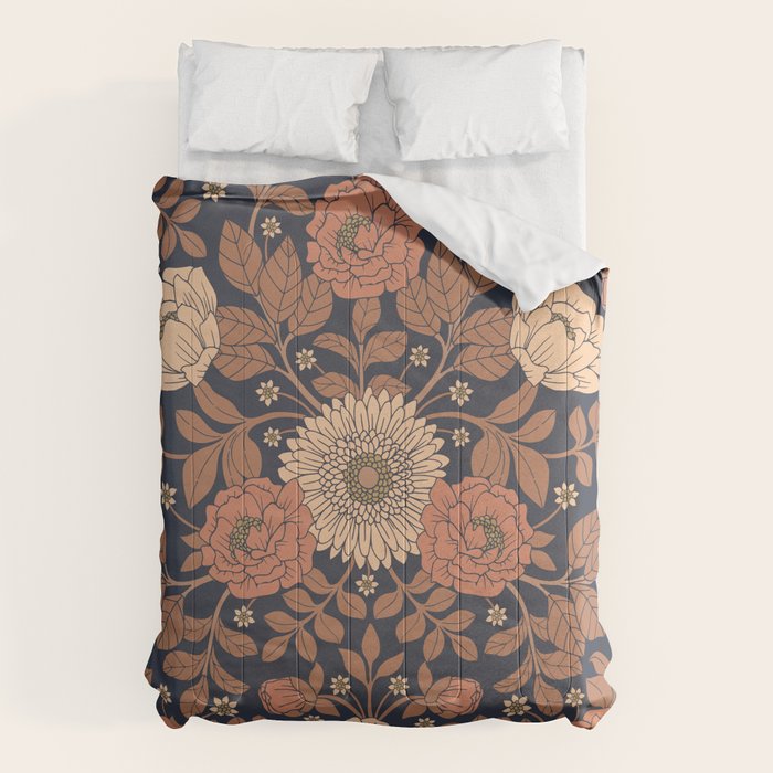Peach, Dusty Rose, Mauve & Blue-Gray Floral Pattern Comforter Gallery Image 1