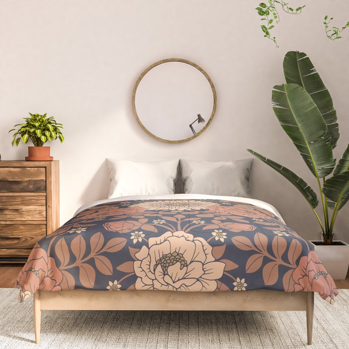 Peach, Dusty Rose, Mauve & Blue-Gray Floral Pattern Comforter Gallery Image 3