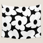 White Retro Flowers Black Background #decor #society6 #buyart Wall Tapestry Gallery Image 4