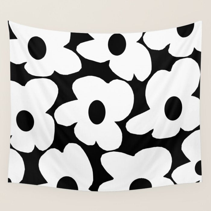 White Retro Flowers Black Background #decor #society6 #buyart Wall Tapestry Gallery Image 1