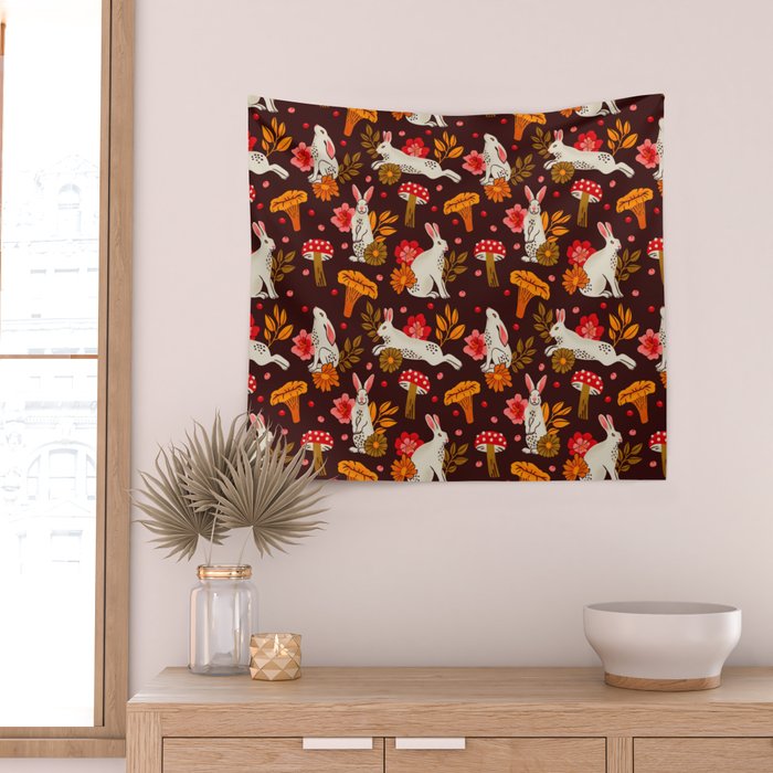 Bunnies and Shrooms Pattern Wall Tapestry Gallery Image 2