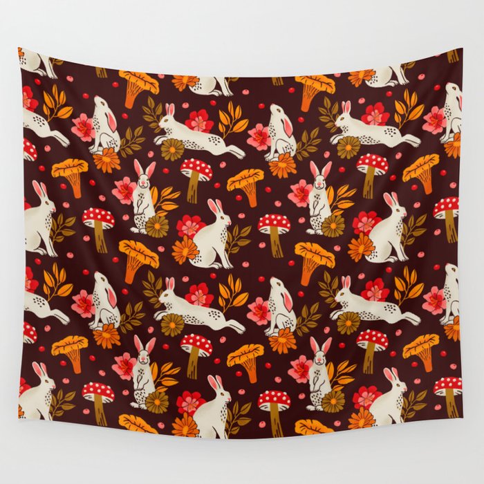 Bunnies and Shrooms Pattern Wall Tapestry Gallery Image 1