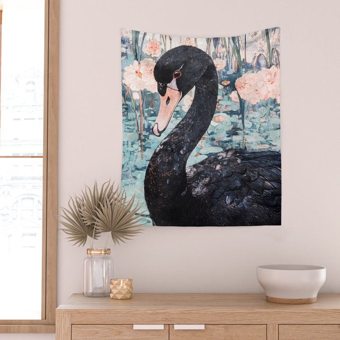 Black Swan Watercolor Wall Tapestry Gallery Image 2
