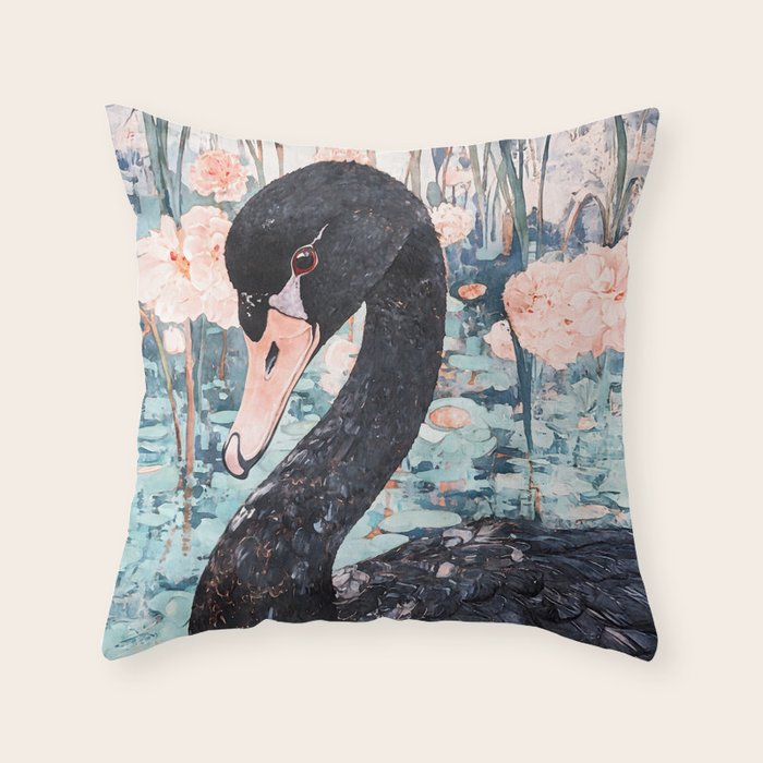Black Swan Watercolor Throw Pillow Gallery Image 1