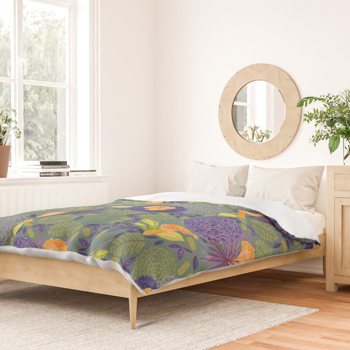 Forest Full of Wild Mushrooms in Sage & Plum Duvet Cover Gallery Image 2