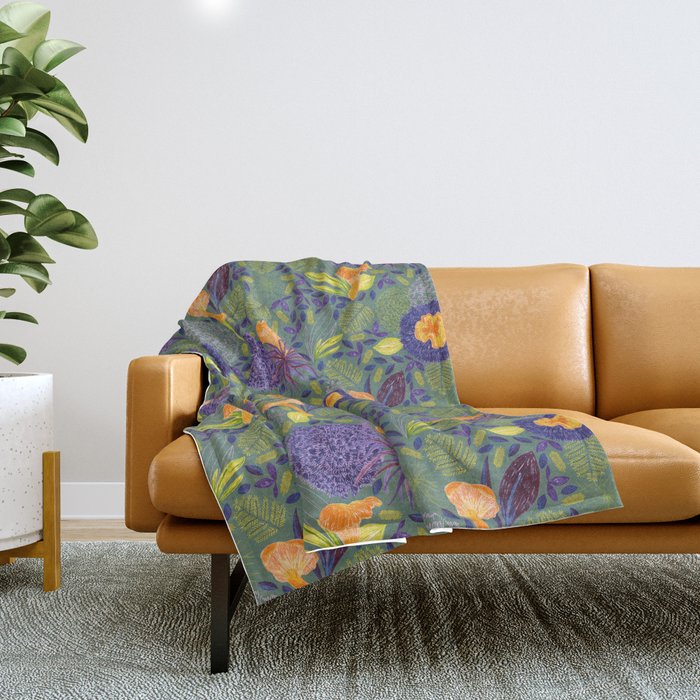 Forest Full of Wild Mushrooms in Sage & Plum Throw Blanket Gallery Image 1