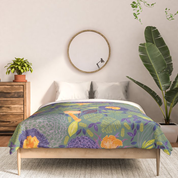 Forest Full of Wild Mushrooms in Sage & Plum Comforter Gallery Image 3