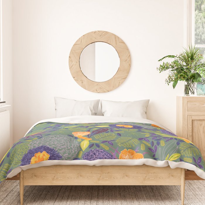 Forest Full of Wild Mushrooms in Sage & Plum Duvet Cover Gallery Image 3