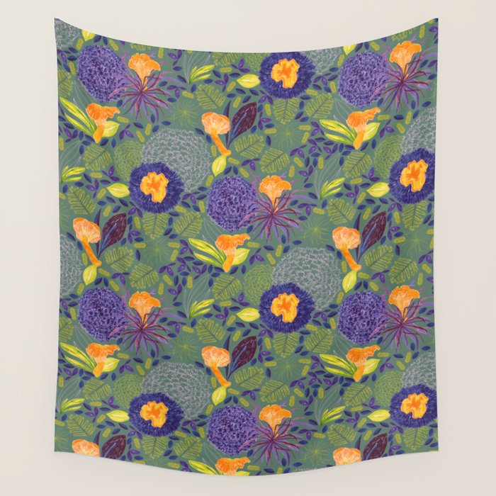 Forest Full of Wild Mushrooms in Sage & Plum Wall Tapestry Gallery Image 4