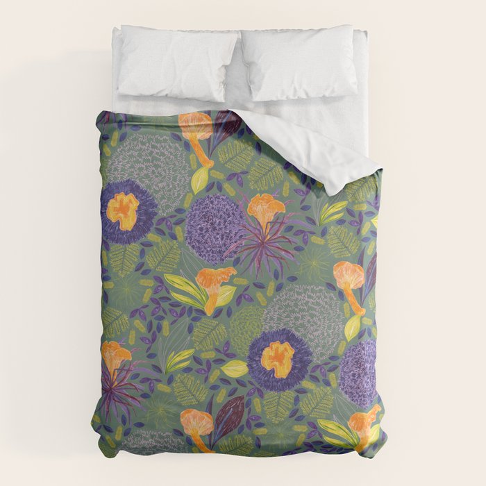Forest Full of Wild Mushrooms in Sage & Plum Duvet Cover Gallery Image 6